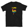 LGBT Unisex I Love Cock Pride Tee! Rainbow Rooster TShirt in black.