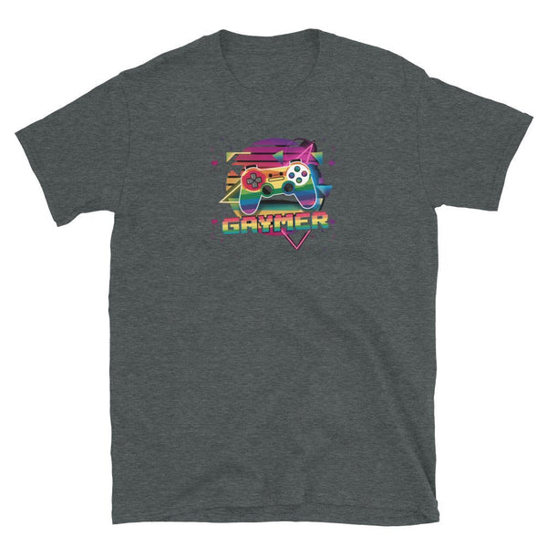LGBTQ Gaymer Shirt featuring colorful game controller graphic on dark grey fabric.