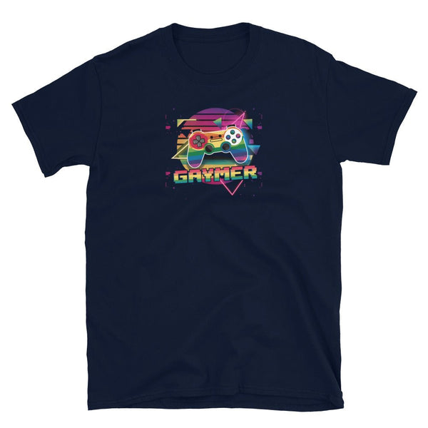 LGBTQ Gaymer Shirt featuring colorful game controller design on navy tee.