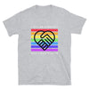 Light grey pride shirt with rainbow stripes and heart graphic, LGBTQ Shirt, I May Be Straight But I Don't Hate.