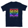 Navy LGBTQ shirt with rainbow stripes and handshake design, funny pride apparel.