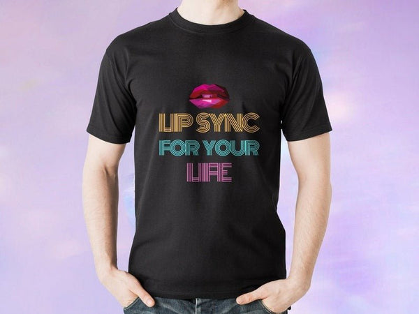 Black t-shirt featuring colorful "Lip Sync For Your Life" graphic, perfect gay pride apparel.