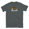 Dark Heather gay shirt featuring Massachusetts design in rainbow colors.