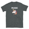 Mens Gay Shirt Funny Unicorn Gay Masc Man Tee Bear Pride Cub Masculine design with colorful unicorn graphic on dark fabric.