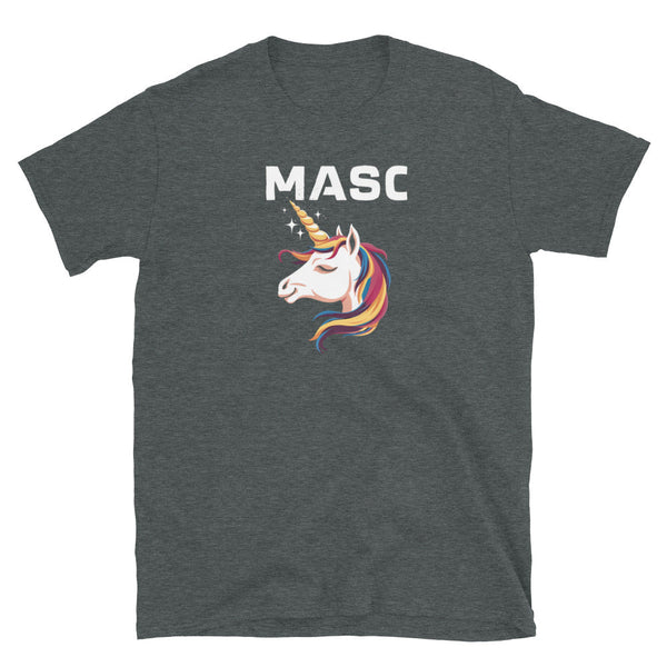 Mens Gay Shirt Funny Unicorn Gay Masc Man Tee Bear Pride Cub Masculine design with colorful unicorn graphic on dark fabric.