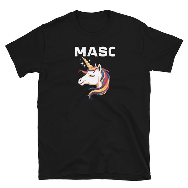 Mens Gay Shirt Funny Unicorn Gay Masc Man Tee Bear Pride Cub Masculine with a unicorn graphic on a black t-shirt.