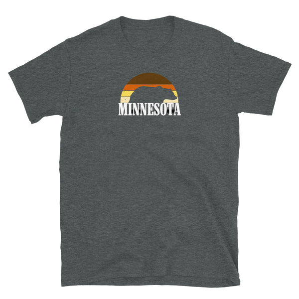 Minnesota LGBTQ Rainbow Gay Daddy Bear Pride, sporty grey gay shirt with retro rainbow design.