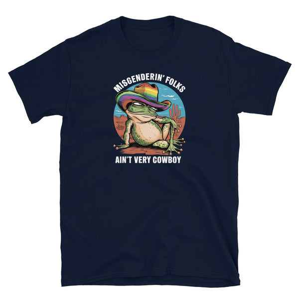 Navy t-shirt featuring a frog graphic and LGBT-themed text design.