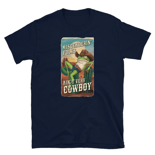 Funny gay shirt with a cowboy frog graphic and humorous text design.