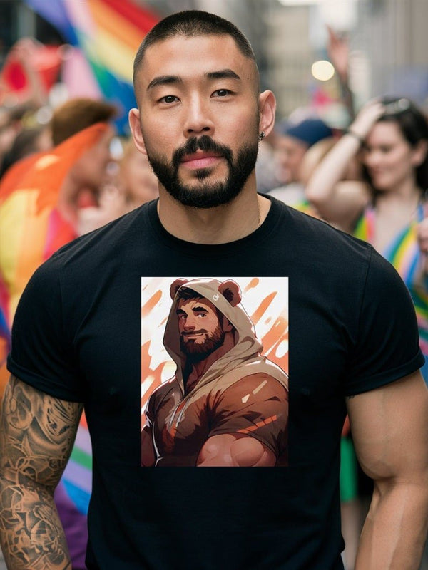 Muscle Daddy Gay Bear 42 Anime Bear Art Shirt worn at pride event, black gay shirt.