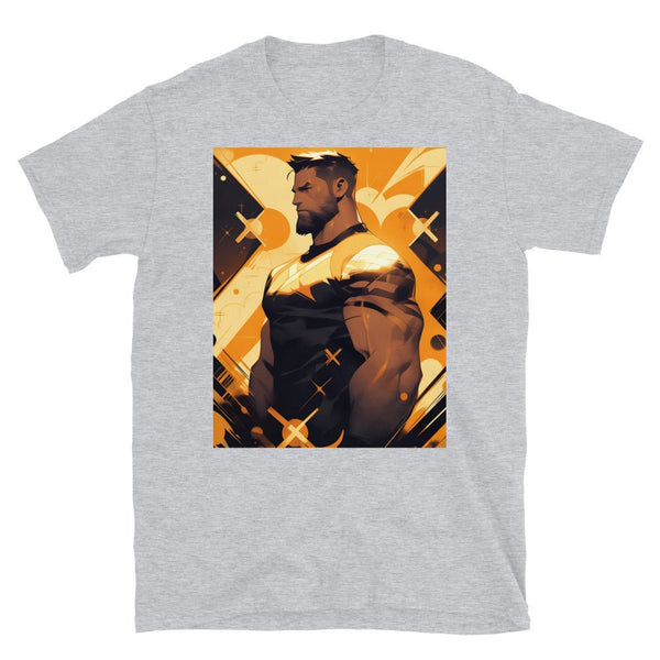 Muscle Gay Bear 03 Geometric Abstract Art Shirt, Gay Art Shirt for Gay Pride on a grey t-shirt.