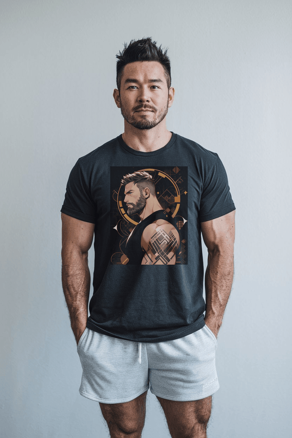 Muscle Gay Bear 11 Geometric Abstract Art Shirt worn by model, showcasing gay pride apparel.