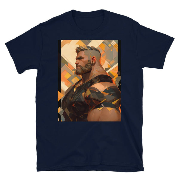 Muscle Gay Bear 30 Geometric Abstract Art Shirt features a bold design on a navy t-shirt.