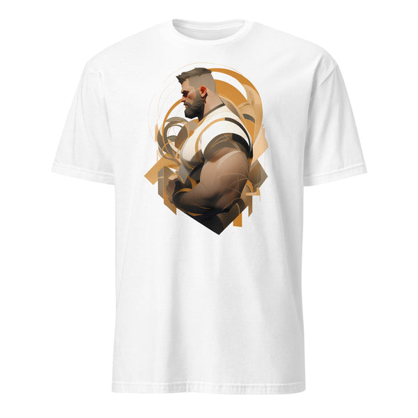 White t-shirt featuring Muscle Gay Bear Geometric Abstract Art Shirt for Gay Pride.