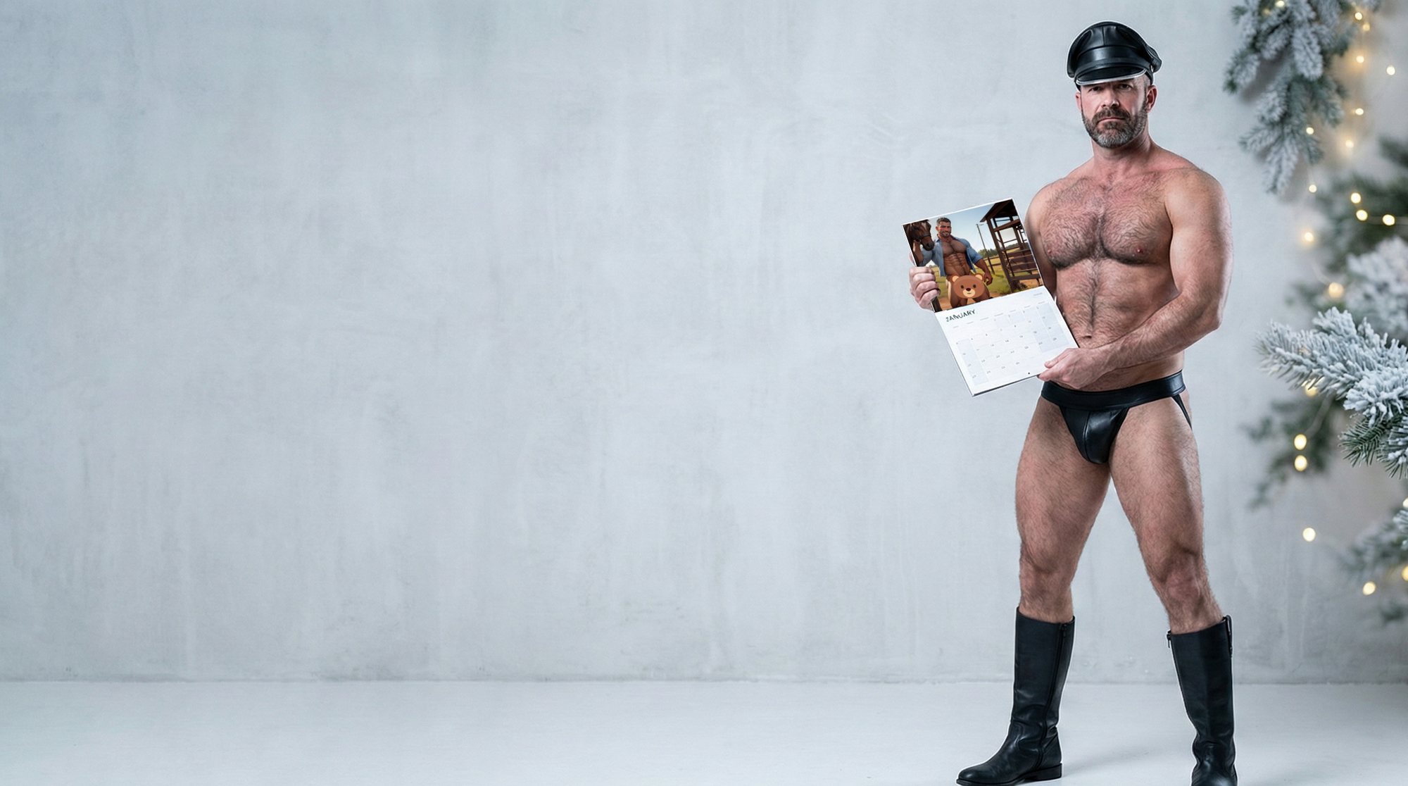 muscular bearded man in leather cap and boots holding a themed calendar in front of a winter holiday background