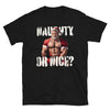Black gay shirt featuring muscular Santa with 'Naughty Or Nice?' text.