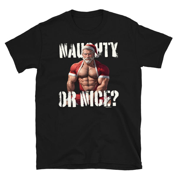 Black gay shirt featuring muscular Santa with 'Naughty Or Nice?' text.