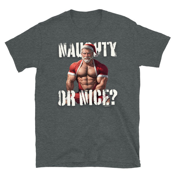 Naughty Or Nice Muscle Gay Bear - Gay Daddy Hunk - Santa Christmas Gay LGBT shirt design with Santa-themed graphic.