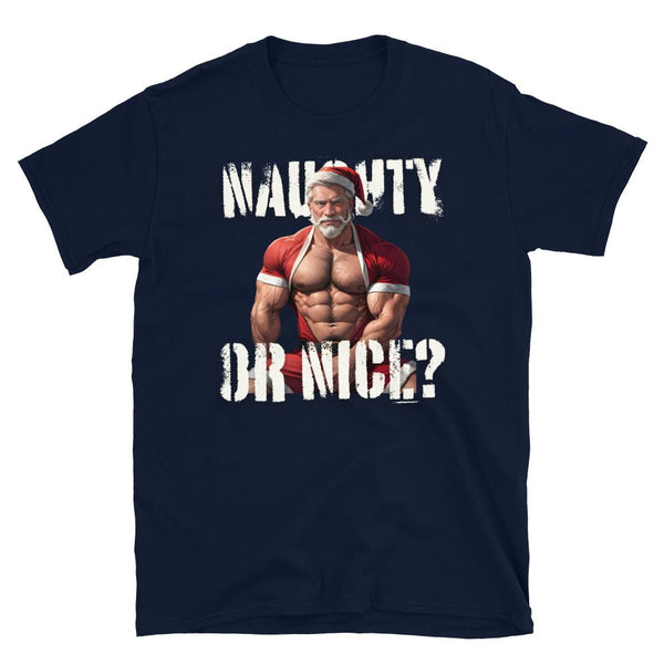 Naughty Or Nice Muscle Gay Bear - Gay Daddy Hunk - Santa Christmas Gay LGBT t-shirt with Santa graphic.