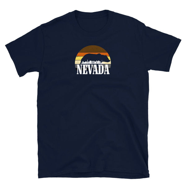 Nevada LGBTQ Rainbow Gay Daddy Bear Pride shirt in navy with sunset graphic.