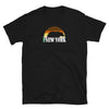 Black t-shirt featuring 'NEW YORK' and rainbow bear graphic, LGBTQ Pride apparel.