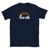 Navy blue gay shirt featuring NY New York LGBTQ Rainbow Gay Daddy Bear Pride design with bear and cityscape.
