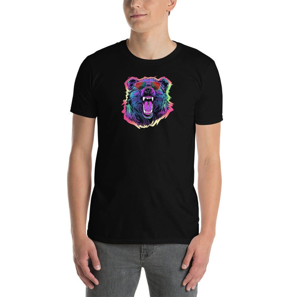Party Gay Bear T-Shirt on model, colorful bear graphic, LGBTQ pride apparel.