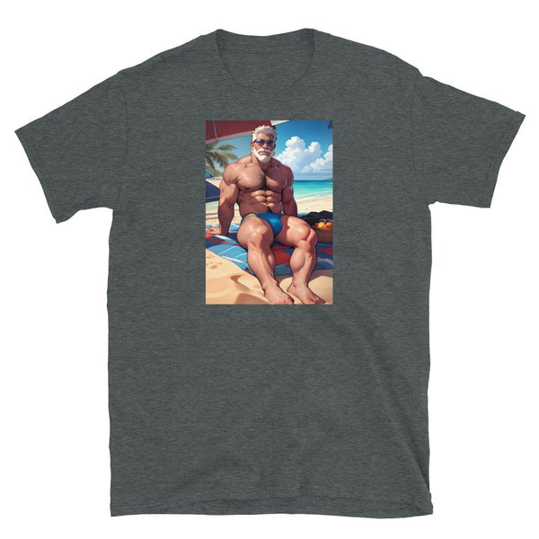 Gray t-shirt featuring a muscular man at the beach, gay pride apparel.