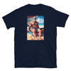 Navy t-shirt featuring a muscular man on the beach, perfect for gay pride apparel.