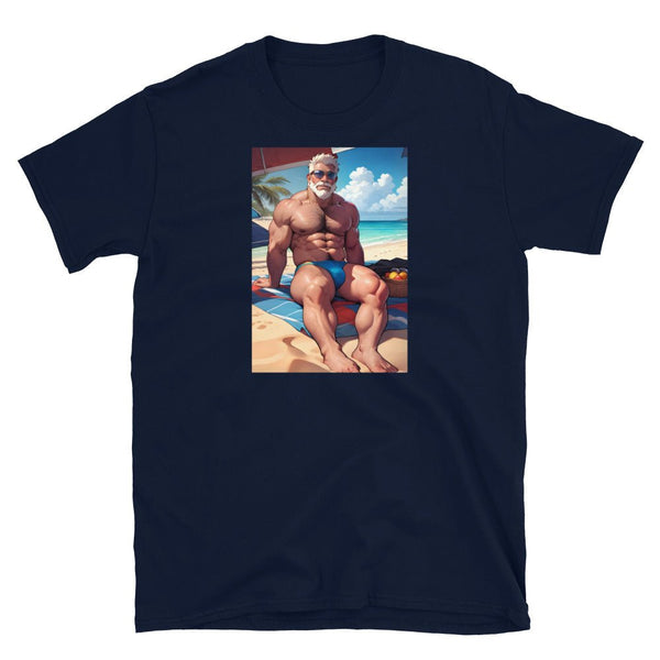 Navy t-shirt featuring a muscular man on the beach, perfect for gay pride apparel.