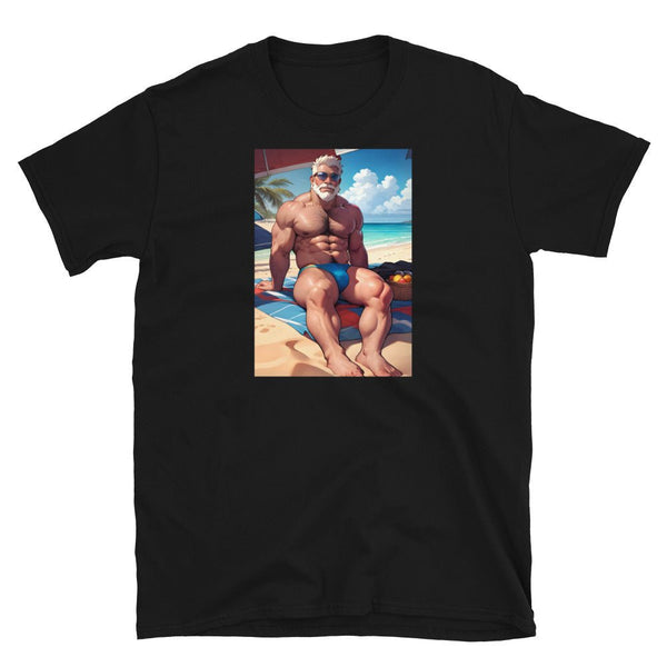 Black gay shirt featuring muscular man on beach, perfect for Pride and summer events.