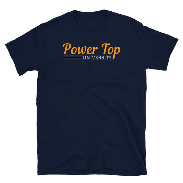 Navy t-shirt featuring 'Power Top University' text design, perfect gay gift.