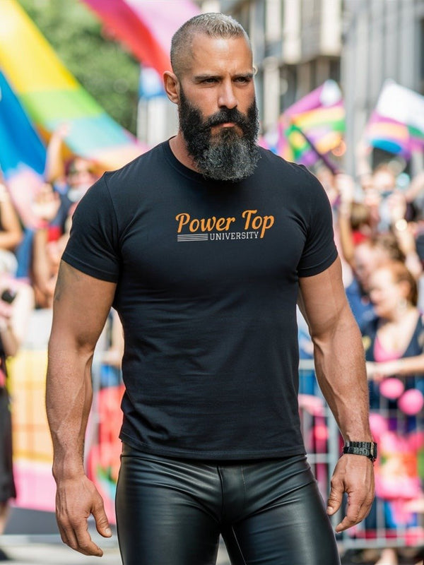 Man wearing Power Top University, Funny Gay T-shirt at Pride event.