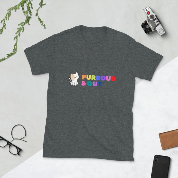 Proud Cat Lover T-Shirt in dark gray, featuring colorful 'PURRROUD & OUT' text and cat graphic.