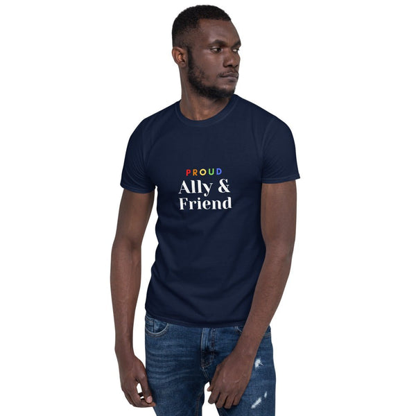 Navy blue t-shirt with 'Proud Ally & Friend' text, suitable for LGBTQ pride events.