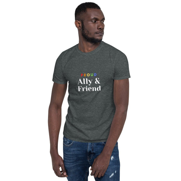 Model wearing a dark grey proud friend & ally t-shirt, showcasing LGBTQ pride apparel.