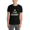 Man wearing a black shirt with colorful 'PROUD DOG DADDY' text and paw print. LGBT apparel.
