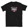 Black t-shirt featuring a colorful piggy graphic, perfect for gay pride apparel.