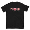 Black tee featuring 'PROUD' with a pink pig graphic, perfect for LGBTQ pride events.
