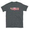 Gray t-shirt featuring a playful graphic saying 'PROUD' with a pig face, gay pride apparel.
