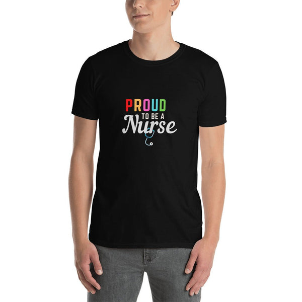 Black tee featuring the text 'PROUD TO BE A Nurse', a proud gay shirt design.