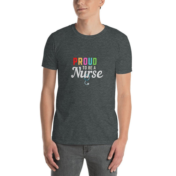 Dark grey t-shirt with a colorful "PROUD TO BE A Nurse" graphic, ideal gay pride apparel.