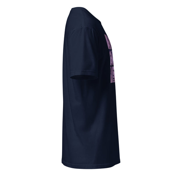 Side view of navy Queer as Folk T-shirt, retro LGBTQ+ pride apparel.