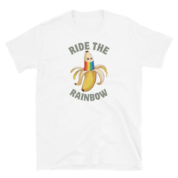 Rainbow Flag Ride The Rainbow Gay Pride LGBTQ Funny Gay Pride T-Shirt with banana graphic.