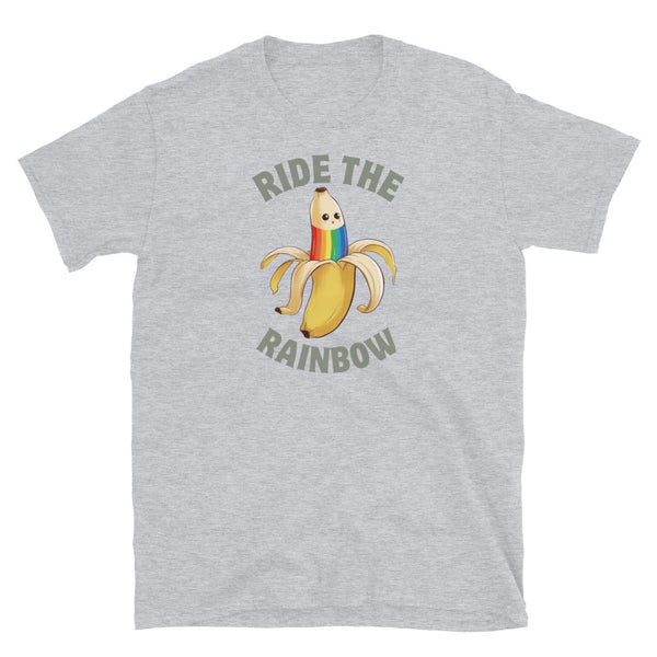 Rainbow Flag Ride The Rainbow Gay Pride LGBTQ Funny Gay Pride T-Shirt, Funny Gay Gifts with banana graphic.