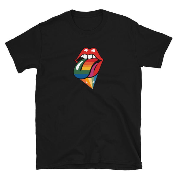 Graphic black t-shirt featuring rainbow lips design, part of LGBTQ rainbow pride apparel.