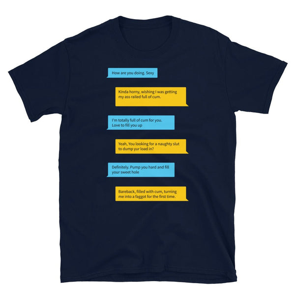 Navy gay shirt featuring humorous Grindr dialogues, perfect for gay pride apparel.