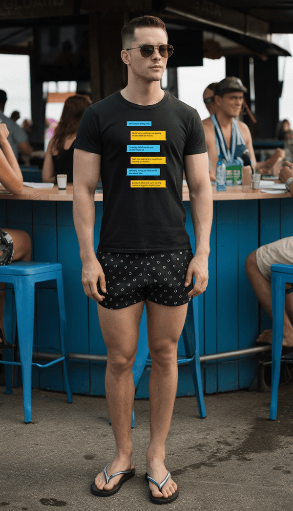 Model wearing Raunchy Grindr Dialogues LGBT Gay T-Shirt with funny text design.