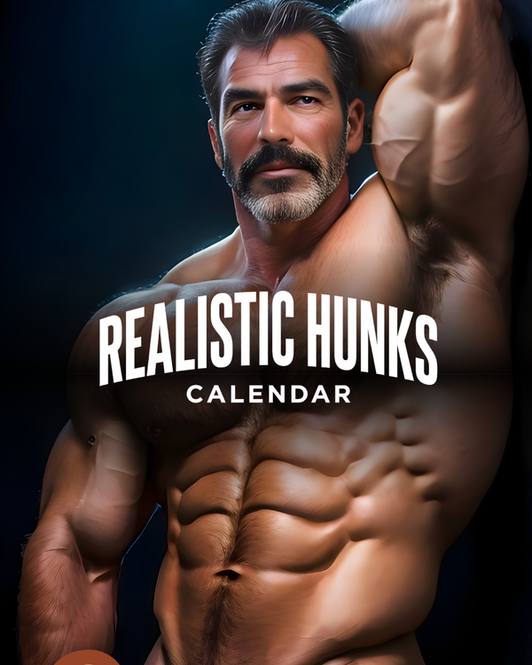 Shirtless muscular man on Realistic Hunks Calendar cover