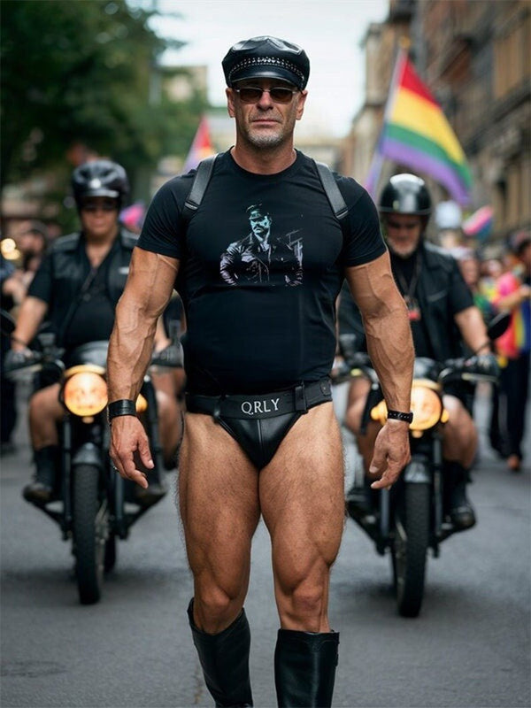Man in retro Dom daddy Gay Pride T-Shirt at a pride parade.